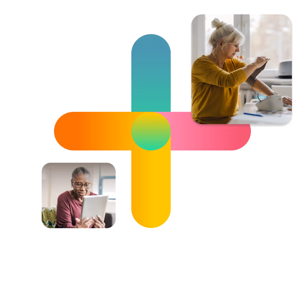 Two patients using digital health tools, one measuring blood pressure at home and another engaging with a tablet, shown alongside a colorful cross-shaped design element.